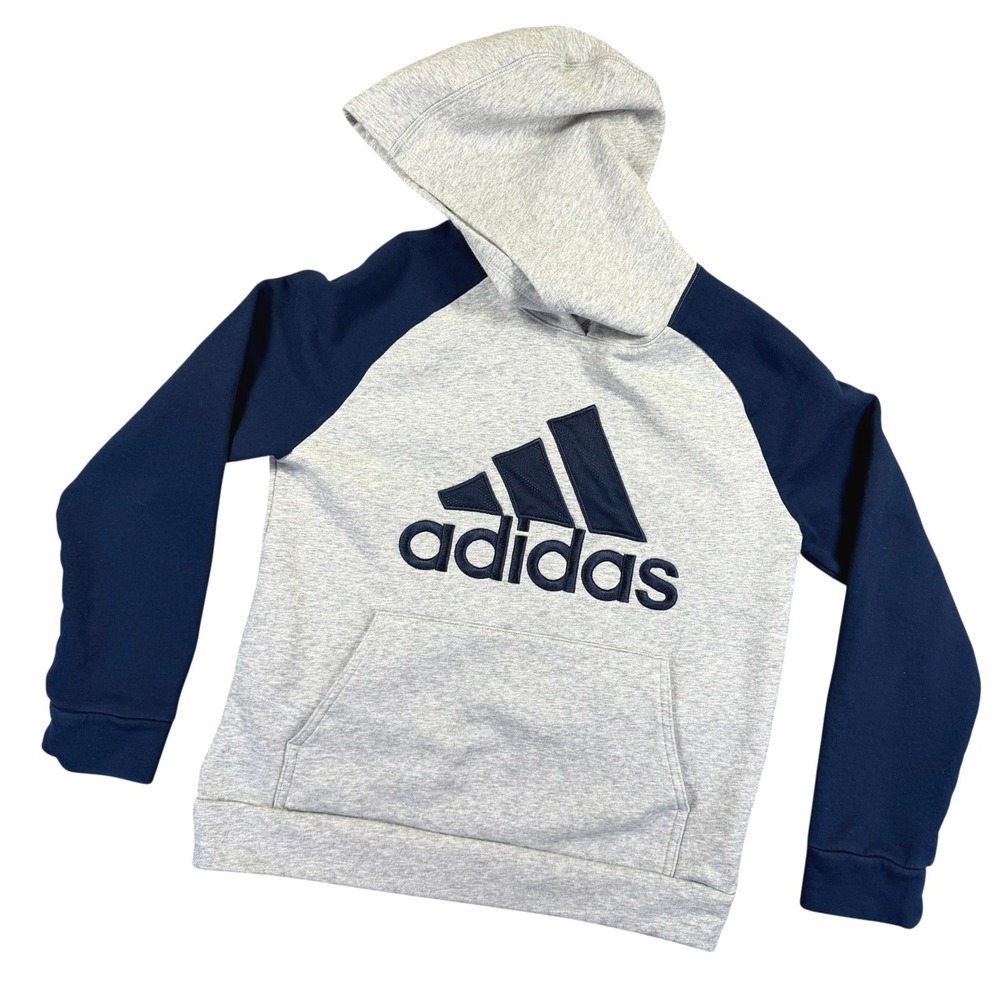 Adidas Raglan Logo Hoodie Boys Size L 14-16‎ Gray Navy Blue Fleece Activewear